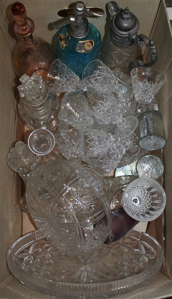 Mixed cut glass decanter, soda syphon etc.